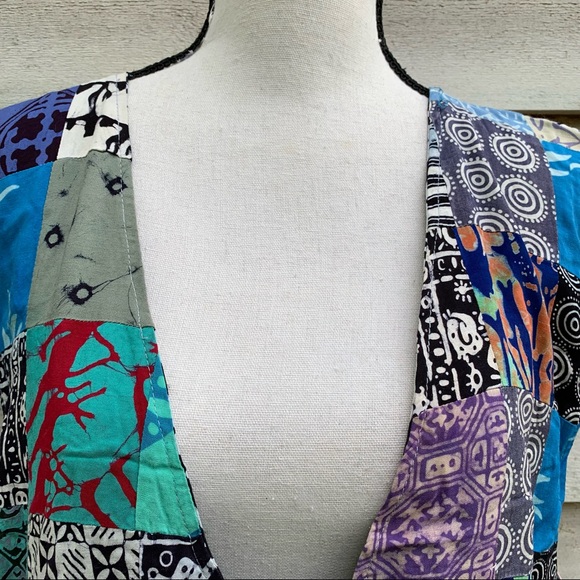 Vintage 80s Blue Handmade Abstract Patchwork Print Sleeveless Button Down Vest - Picture 8 of 16